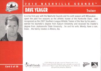 2010 MultiAd Nashville Sounds #5 Dave Yeager Back