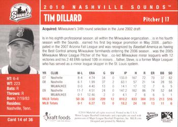 2010 MultiAd Nashville Sounds #14 Tim Dillard Back