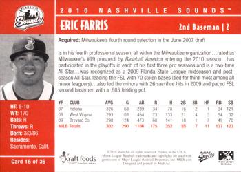 2010 MultiAd Nashville Sounds #16 Eric Farris Back
