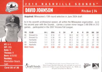 2010 MultiAd Nashville Sounds #20 David Johnson Back