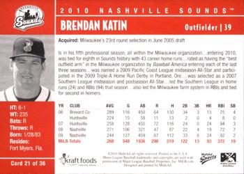 2010 MultiAd Nashville Sounds #21 Brendan Katin Back