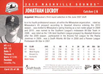 2010 MultiAd Nashville Sounds #25 Jonathan Lucroy Back
