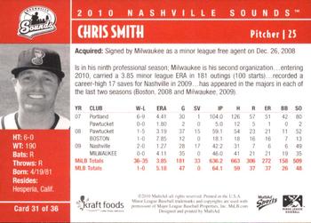 2010 MultiAd Nashville Sounds #31 Chris Smith Back