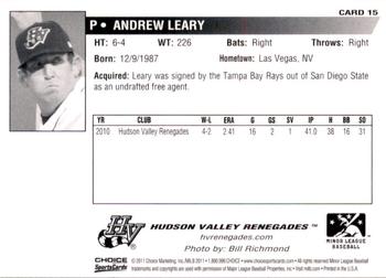 2011 Choice Hudson Valley Renegades #15 Andrew Leary Back