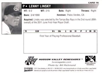 2011 Choice Hudson Valley Renegades #16 Lenny Linsky Back