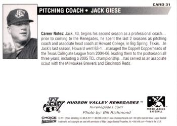 2011 Choice Hudson Valley Renegades #31 Jack Giese Back