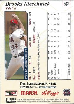 2003 Choice Indianapolis Indians #15 Brooks Kieschnick Back
