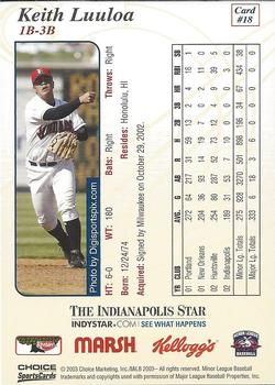 2003 Choice Indianapolis Indians #18 Keith Luuloa Back