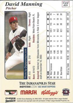 2003 Choice Indianapolis Indians #19 David Manning Back