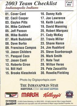 2003 Choice Indianapolis Indians #1 2003 Team Checklist Back