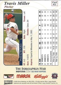 2003 Choice Indianapolis Indians #22 Travis Miller Back