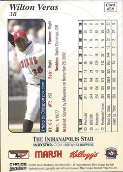 2003 Choice Indianapolis Indians #28 Wilton Veras Back