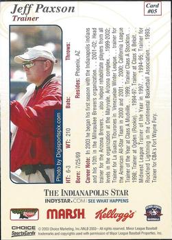 2003 Choice Indianapolis Indians #5 Jeff Paxson Back