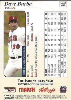 2003 Choice Indianapolis Indians #8 Dave Burba Back