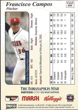 2003 Choice Indianapolis Indians #9 Francisco Campos Back