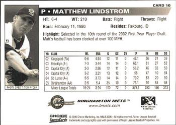 2006 Choice Binghamton Mets #10 Matt Lindstrom Back