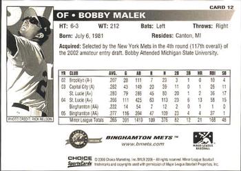 2006 Choice Binghamton Mets #12 Bobby Malek Back