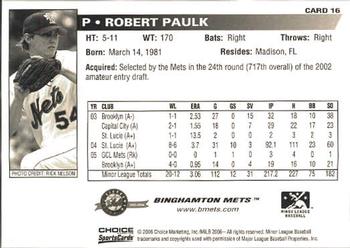 2006 Choice Binghamton Mets #16 Robert Paulk Back
