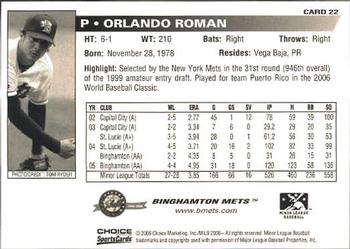 2006 Choice Binghamton Mets #22 Orlando Roman Back