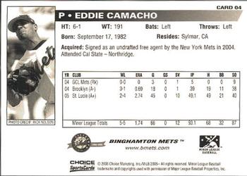 2006 Choice Binghamton Mets #4 Eddie Camacho Back