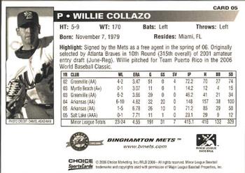 2006 Choice Binghamton Mets #5 Willie Collazo Back