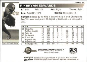 2006 Choice Binghamton Mets #7 Bryan Edwards Back