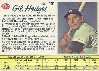 1962 Post Cereal Canadian #101 Gil Hodges Front