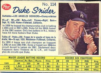 1962 Post Cereal Canadian #114 Duke Snider Front