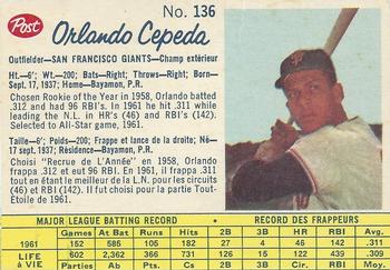 1962 Post Cereal Canadian #136 Orlando Cepeda Front