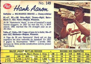 1962 Post Cereal Canadian #149 Hank Aaron Front