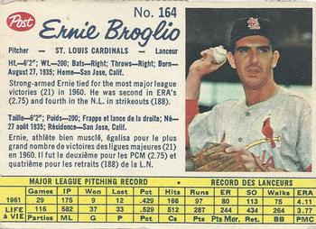 1962 Post Cereal Canadian #164 Ernie Broglio Front