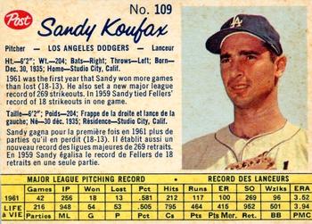 1962 Post Cereal Canadian #109 Sandy Koufax Front