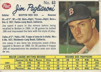 1962 Post Cereal Canadian #63 Jim Pagliaroni Front