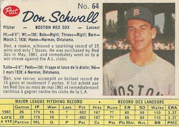 1962 Post Cereal Canadian #64 Don Schwall Front