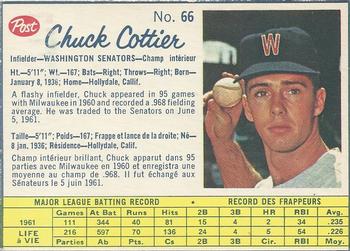1962 Post Cereal Canadian #66 Chuck Cottier Front