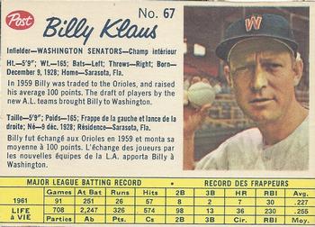 1962 Post Cereal Canadian #67 Billy Klaus Front