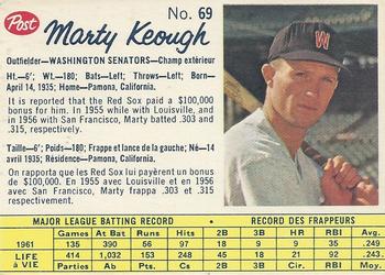 1962 Post Cereal Canadian #69 Marty Keough Front