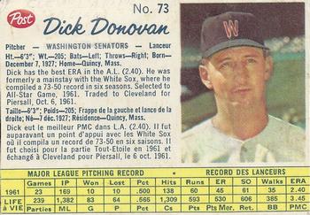 1962 Post Cereal Canadian #73 Dick Donovan Front
