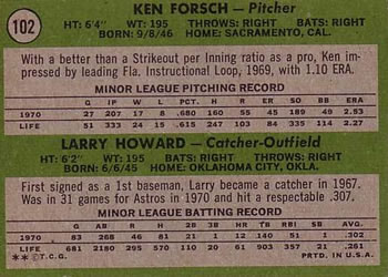 1971 Topps #102 Astros 1971 Rookie Stars (Ken Forsch / Larry Howard) Back