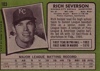 1971 Topps #103 Rich Severson Back