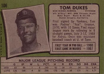 1971 Topps #106 Tom Dukes Back