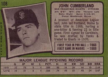 1971 Topps #108 John Cumberland Back