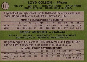 1971 Topps #111 Yankees 1971 Rookie Stars (Loyd Colson / Bobby Mitchell) Back