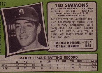 1971 Topps #117 Ted Simmons Back