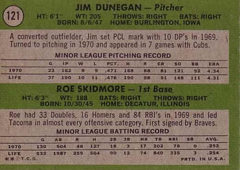 1971 Topps #121 Cubs 1971 Rookie Stars (Jim Dunegan / Roe Skidmore) Back