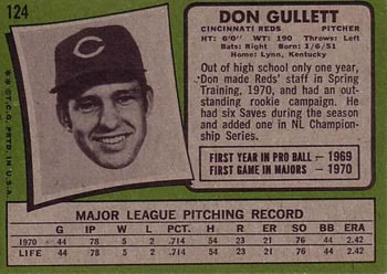 1971 Topps #124 Don Gullett Back