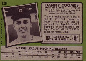 1971 Topps #126 Danny Coombs Back