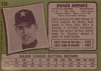 1971 Topps #130 Denis Menke Back