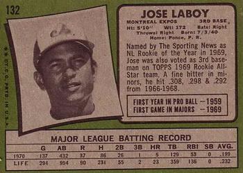 1971 Topps #132 Jose Laboy Back