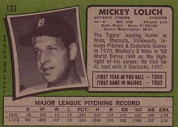 1971 Topps #133 Mickey Lolich Back